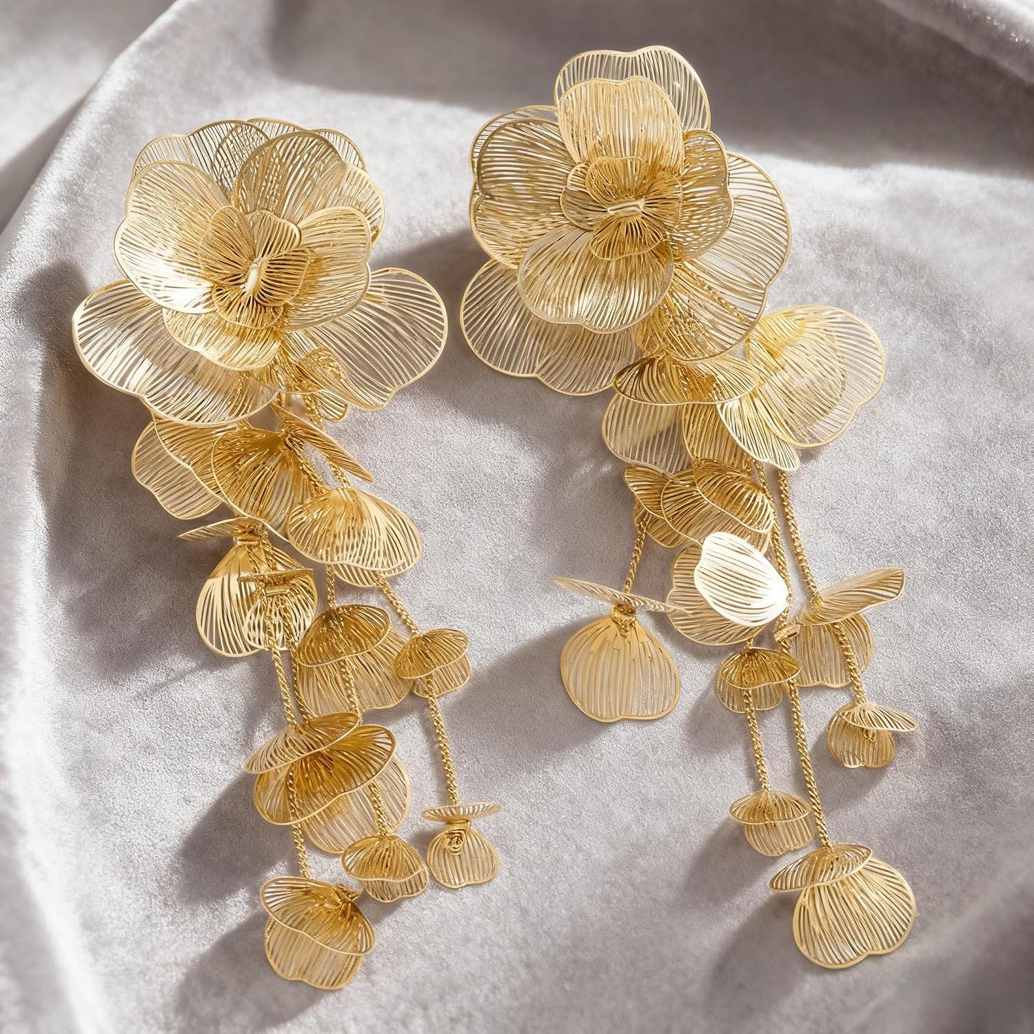 Gold Silver Filigree Floral Dangle Earrings - 图片 4