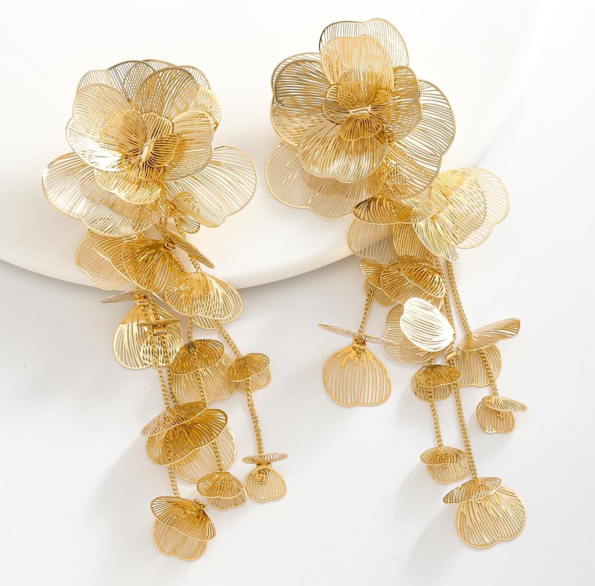 Gold Silver Filigree Floral Dangle Earrings - 图片 2